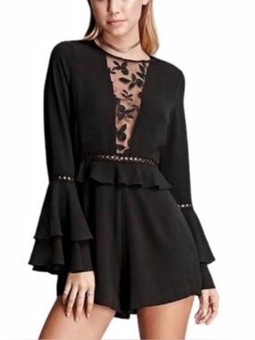 For Love & Lemons Black Long-Sleeve Lace Appliqué Romper with Nude Inset
